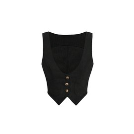 Verdusa Women's Button Front Scoop Neck Sleeveless Patch Pocket Crop Vest Blazer Jacket Black Medium