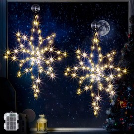 2 Pack 16 Inch Large Christmas Window Light Decorations 8 Model Bethlehem Christmas Star Window Silhouette Lights with Timer Iron Frame LED Battery Operated Lighted Star for Window in Xmas Holiday