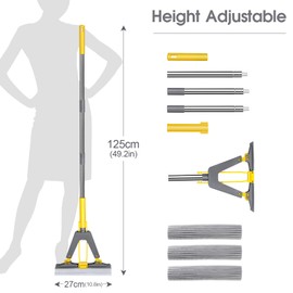 Sponge Mop,Masthome Roller Sponge Mop,Easy Self Squeeze Sponge Mop and Stainless Steel Handle,PVA Sponge Mops with 3 Absorbent Sponge Mop Refills for Home Use Tile Floor Bathroom Cleaning