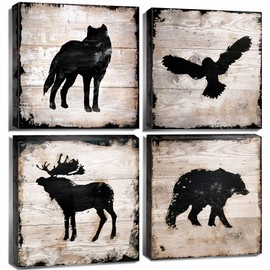Country Farmhouse Wall Decoration Canvas Art Kitchen Living Room Decor Black Woodland Wild Animal Elk Wolf Bear Eagle Painting Prints Pictures Wooden Plank Bathroom Boy Kids Nursery 16x16 Set of 4Pcs