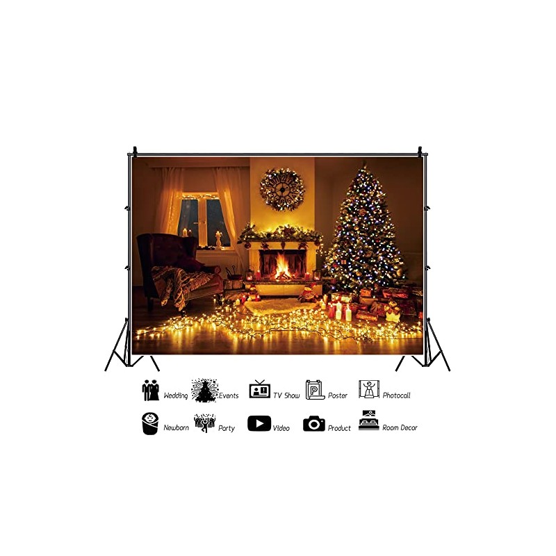 OFILA Merry Christmas Backdrop 10x8ft Fireplace Photography Background Gifts Lights