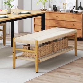 DKLGG Entryway Storage Bench with Mesh Shelf & 2 Baskets, Indoor Storage Bench Entrance Bench with Paper Cord & Rubber Wood Legs, Narrow Bench Boho Bench Dining Room Bench for Living Room Bedroom