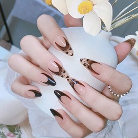 24Pcs French Tip Press on Nails Medium Almond Valentine’s Day Brown False Nails with Heart Design Glue on Nails Glossy Full Cover Acrylic Fake Nails for Women Girls Manicure Decor