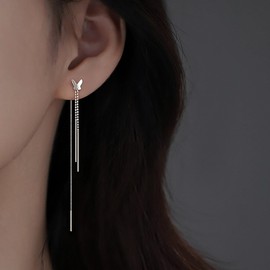 TseenYi Silver Threader Chain Earrings Butterfly Threader Earrings Bar Drop Threader Earrings Long Chain Tassel Earrings Minimalist Chain Threader Dangle Earrings Jewelry for women and Girls