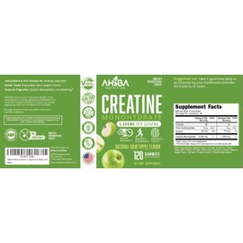 Ahiba Nutrition Creatine Monohydrate Gummies 5g per Serving, chewable, Vegan, Non-GMO, Sugar-Free, Soy-Free, Gluten-Free, Men & Women,More Strength & Recovery- Sour Apple Flavor, Made in USA