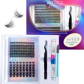Kit de Extensiones de Pestañas DIY Volumen 132pcs, Kit de Extensiones de Pestañas en Racimos D Curl con Pegamento y Sellador de Pestañas y Pinzas para Extensiones de Pestañas (132)