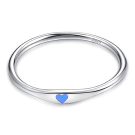 Bonlavie 925 Sterling Silver Rings for Women Simple Heart Ring with Blue Enamel Wedding Band Stackable Promise Ring for Her Birthday Valentine Jewelry Gifts Size S