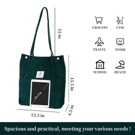 Corduroy Tote Bag Cute Tote Bags for Women Shoulder Bag with Inner Pocket for Work Beach Travel and Shopping Grocery (Dark Green)