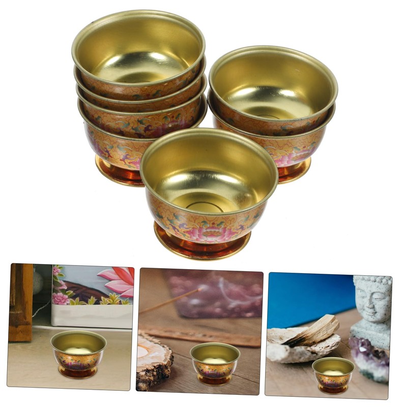 Ciieeo 7pcs Holy Water Offering Cup Copper Lotus Pattern Buddhist