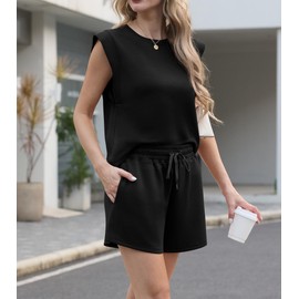 GRECERELLE Womens Co ord Sets Two Piece Outfit Short Tracksuits Crew Neck Lounge Wear Sets With Pockets For Women UK (Black, XL)