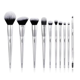 Juego de 10 brochas de maquillaje profesionales sintéticas premium para base de maquillaje en polvo, contorno, rubor, corrector, sombra de ojos, delineador y difuminado (plateadas).