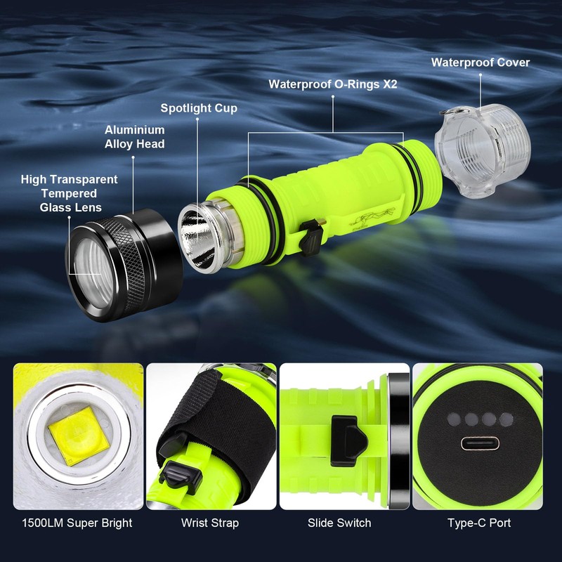 BlueFire Rechargeable Diving Flashlight, 1500 Lumen Scuba Diving Light, 3