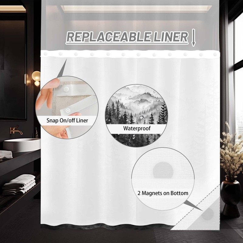 Forest Hookless Shower Curtain with Snap in Liner, Nature Mountain