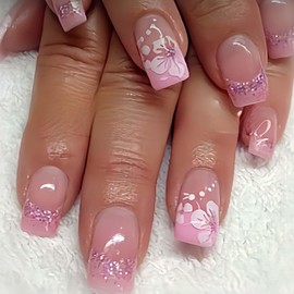 Foccna Press on Nails Acrylic Fake Nails Pink with Design Full Cover Bling False Nails for Women Reusable Nail Kit Acrylic Nails for Women and Girls,24pcs