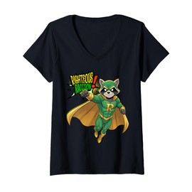 Womens 'Righteous Raccoon Superhero s Retro Comic Strip V-Neck T-Shirt