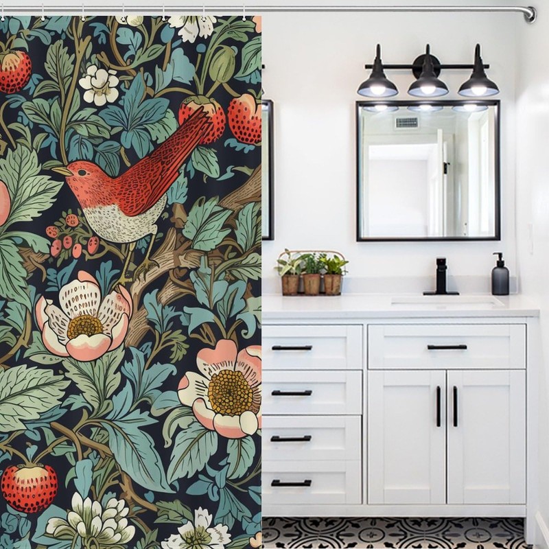 William Morris Shower Curtain,Original Design Strawberry Thief Green Flower Birds