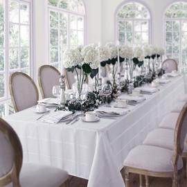 Newbridge 60 x 84 Inch Oval Fabric Tablecloth, Elegance Plaid, 100% Polyester, No Iron Soil Resistant Dining Room, Party and Banquet Table Cover, Solid Textured, White