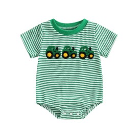 xkwyshop Newborn Baby Boy Girl Summer Outfit Striped Bubble Romper Waffle Farm Tractor Short Sleeve Bodysuit Country Clothes (Green, 6-12 Months)