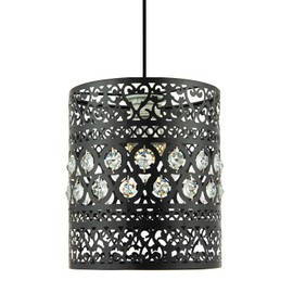 Traditional and Ornate Black Easy Fit Drum Pendant Light Shade with Transparent Acrylic Droplets | 20cm Diameter | Shabby Chic Style by Happy Homewares