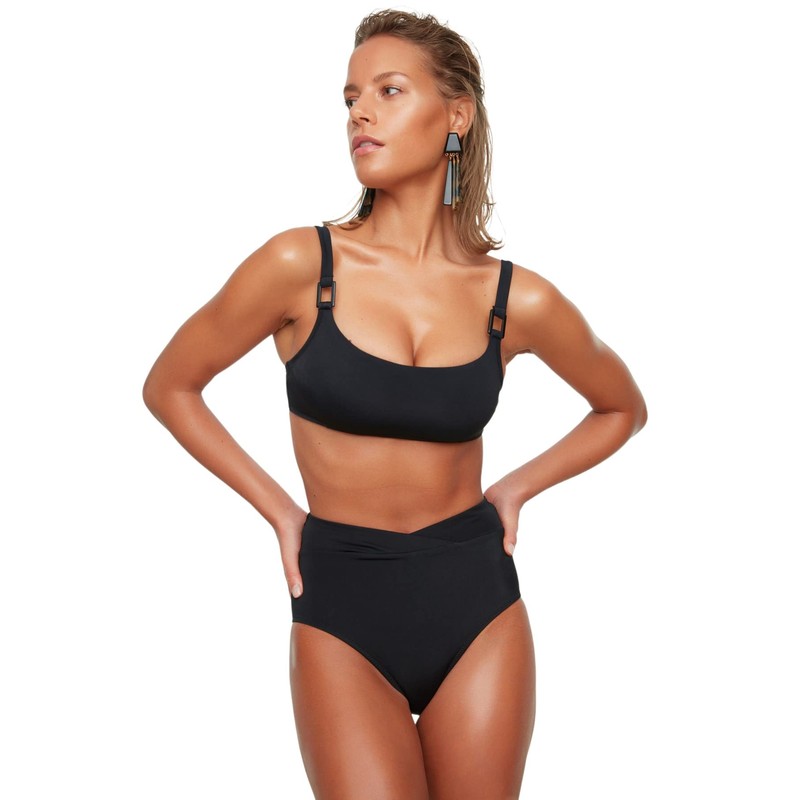 TRENDYOL Women's V Cut High Waist Bikini Bottoms, black
