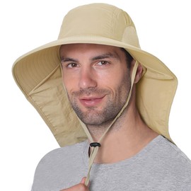 Neck Flap UV Protection Sun Hat for Men Wide Brim Outdoor UPF50+ Fishing Gardening Hiking Safari Cap with Mesh Sides Khaki