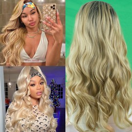Petelf Body Wave Headband Wigs Synthetic Hair Glueless Blonde Headband Wigs for Black Women 26 Inch Long Curly Synthetic Half Wig 180% Density Ombre Blonde Curly Wig for Daily Wear