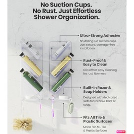 ShowerGem Easy Clean Shower Caddy, 2 Pack Durable Rustproof Bath Organizer, No Suction Cups, No Screws, Wall Mounted Adjustable Shower Rack, Acrylic Shelves As Seen On Instagram