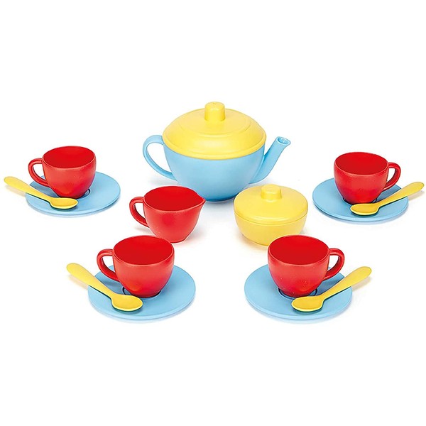 Green Toys Tea Set, Blue/Red/Yellow - 17 Piece Pretend Play, Motor Skills, Language & Communication Kids Role Play Toy. No BPA, phthalates, PVC. Dishwasher Safe, Recycled Plastic, Made in USA.