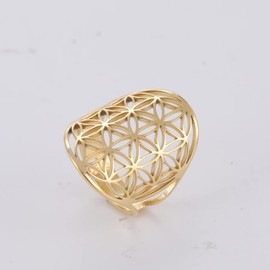 LIKGREAT Flower of Life Ring Adjustable Filigree Flower Ring Band for Women Large Hollow Finger Rings Cosplay Party Jewellery, Stainless Steel, No Gemstone