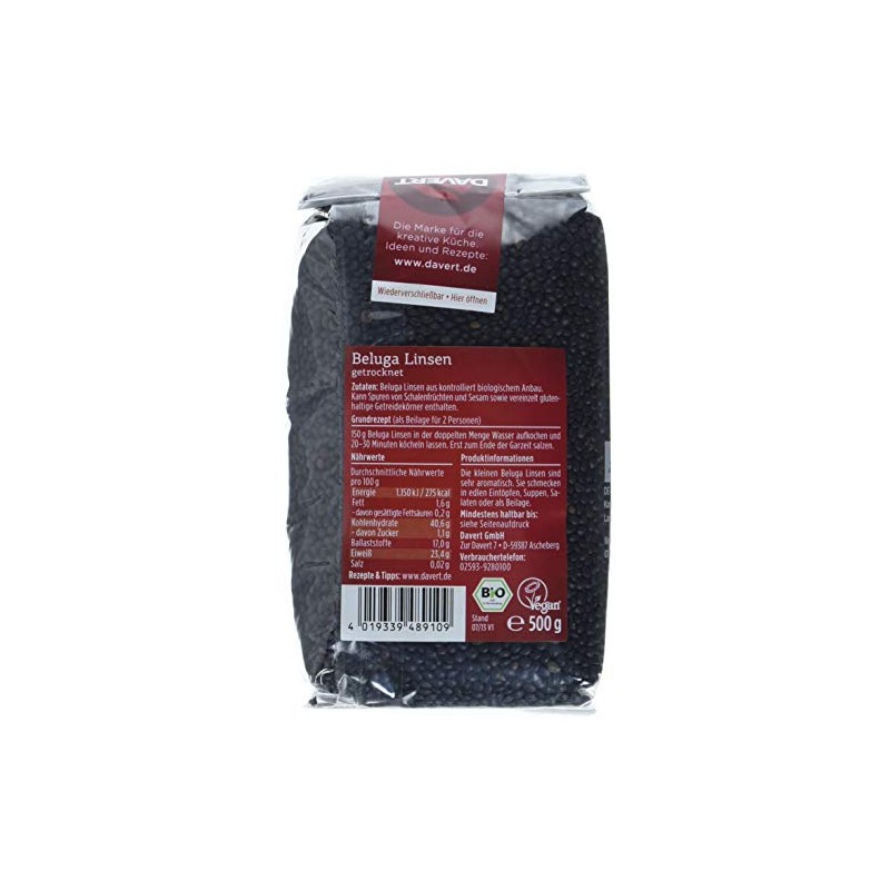 Davert Beluga Lentils Black, 500 g, Organic