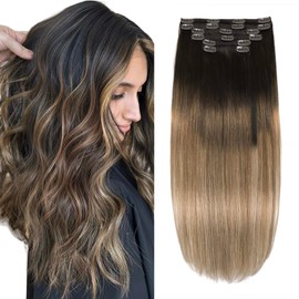 XDhair Clip in Hair Extensions Real Human Hair 100g 6pcs 16inch Ombre Natural Black to Dark Brown Mix Blonde Balayage Clip in Hair Extensions For Fashion Women (C#1B/4/27-16Inch)