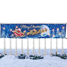 Collections Etc LED Lighted Merry Christmas Santa Claus Sleigh Banner | for Porch Railings, Fences | On/Off Switch | Polyester, Plastic