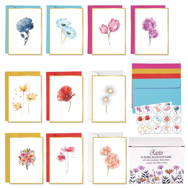 50 Blank Note Cards and Envelopes,10 Gold Foil Designs Floral