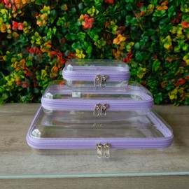 Poshfolio 3-Piece Hard Sided Clear Zipper Case for Storage - Plastic Clear Zipper Pencil Case, Toiletry Pouch, Travel Organizer, Cosmetic Bag, Toy Storage Bins (Lilac 3 Pack - 1 S, 1 M,1 L)