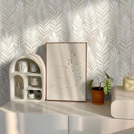 MANONIRIA Beige Leaf Peel and Stick Wallpaper White Boho Contact Paper Self Adhesive Removable DIY Wall Paper for Bedroom Cabinet Kitchen Leaf Wallpaper, 118.11in