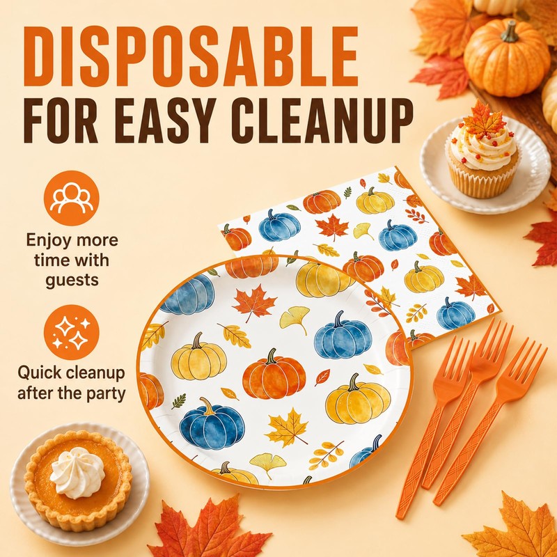 72Pcs Fall Paper Plates and Napkins Set, Autumn Pumpkin Dessert