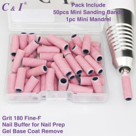C & I Nail Drill Bits 50pcs Mini Sanding Bands & 1pc Mini Mandrel Acrylic Gel Nails Remove Fake Nails Shaping Cuticle & Nail Prep Function Nail Supplies for Nail Techs (180 Fine-F,Pink)