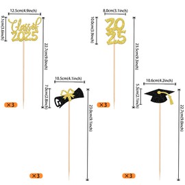 12 PCS Double Sided Glitter Class of 2025 Grad Party Centerpiece Sticks 2025 Diploma Graduation Cap Centerpieces Table Toppers for 2025 Graduation Party Flower Decorations Supplies Gold