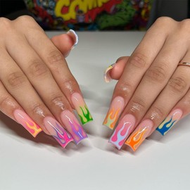 IMRAIN Colorful Flame French Tips Press on Nails Long Square Fake Nails Acrylic Nail Art Kit Full Cover Glossy Glue on Nails Summer Artificial False Nails Stick on Nails for Women 24Pcs