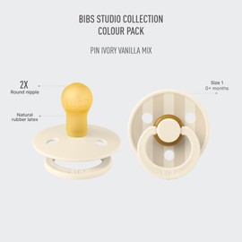 BIBS Pacifiers - Colour Studio 2 Pack | Round Nipple Baby Pacifier | BPA Free Natural Rubber Latex Soother | Made in Denmark | Size 0+ Months | Pin Ivory Vanilla