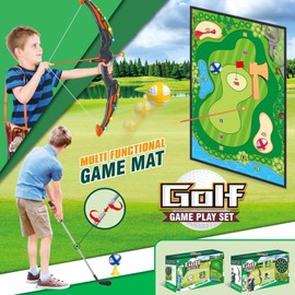 VOPOGLNE 3 in 1 Golf Bow and Arrow Game Mat Set for Kids, Bow and Arrow for Kids with Target, Indoor Golf Games Velcro Chipping, Golf club, 20 Sticky Balls, Toy Bow, 6 Suction Cups Arrows,Outdoor Toys