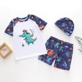 Kids Junior Rash Guard Set for Boys with Contrast Swim Trunks Kids 5XL/Dinosaur Set [Includes Hat] 2ea