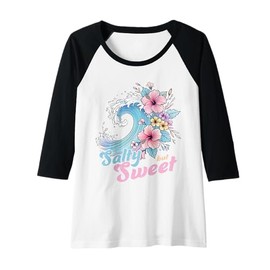 Womens Salty but Sweet Wave Hibiscus Floral Tropical Surf Aesthetic Raglan Baseball Tee