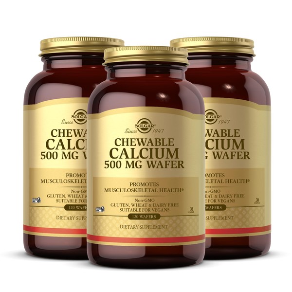 Solgar Chewable Calcium 500 mg - 120 Wafers, Pack of 3 - Promotes Musculoskeletal Health - Non-GMO, Vegan, Gluten, Wheat & Dairy Free, Kosher - 180 Total Servings