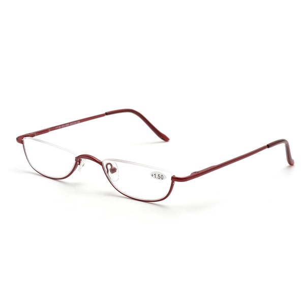 ZUVGEES Vintage Alloy Semi Rimless Reading Glasses Men Women Half Frame Slim Glasses with Stylish Case T0340 (Red, 2.00)