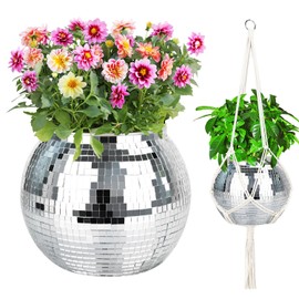 FGBNM Disco Ball Planter, 1pcs 9” Silver Disco Ball Planter, Disco Ball Plant Hanger with Hanging Rope, Hanging Chain, Hook, Circle and Extra Mirror Pieces(9" Silver, 1pcs)
