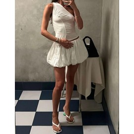 Women Y2K Bubble Skirt High Waist Ruffle Hem A Line Pleated Mini Short Skirt Teen Girls Puffy Short Skirts Streetwear (White, M)