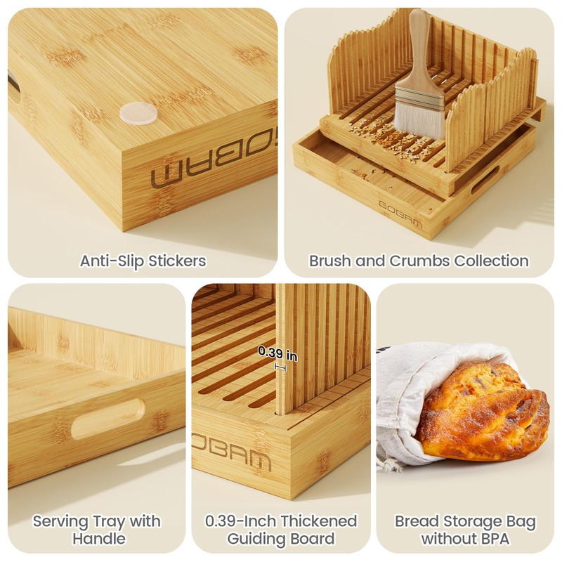 Gobam Adjustable Bamboo Bread Slicer for Large Sourdough & Homemade