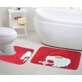 London Dream 2 Piece Christmas Festive Memory Foam Bath Mat and Pedestal Set, Non-slip Soft Super Absorbent Bathroom Rugs (Gonks Gift Parcel)