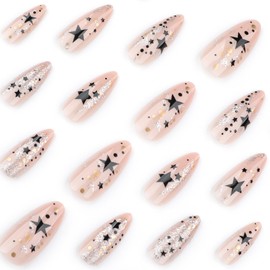 Almond Press on Nails Medium Fake Nails Star False Nails with Designs Glitter Glossy Full Cover Acrylic Nude Nails Glue on Nails Artificial Stick on Nails for Women Manicure 24Pcs